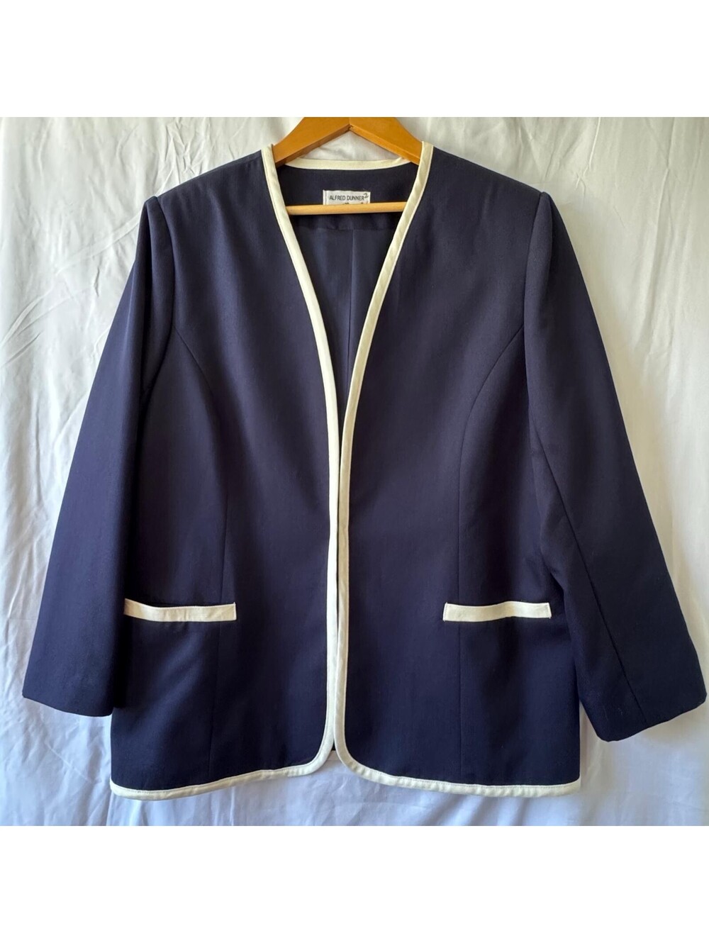 Alfred Dunner Blazer 18 Navy Cream Trim Open Front Vintage USA